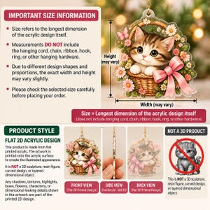 May include: A flat 2D acrylic ornament featuring a brown tabby kitten sitting in a woven basket surrounded by pink and white flowers and a butterfly. The design includes a large pink bow. Text explains size refers to the longest dimension.