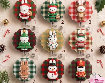 Christmas Bunny Badge Reel, Cute Holiday Retractable ID Clip, Winter Season 2-Layer Badge Reel, Festive Nurse Teacher Office Worker ID Clip