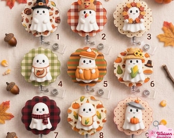 Thanksgiving Ghost Badge Reel, Turkey Fall Retractable ID Clip, Cute Pumpkin Nurse 2-Layer Badge Reel, Autumn RN ID Clip, Gift for Coworker