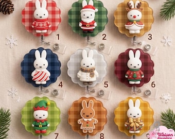 Christmas Bunny Badge Reel, Cute Holiday Retractable ID Clip, Winter Season 2-Layer Badge Reel, Festive Nurse Teacher Office Worker ID Clip