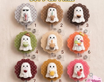 Cute Ghost Drink Badge Reel, Halloween Ghost Coffee Retractable ID Clip, Coffee Soda Matcha 2-Layer Polka Dots Badge Reel, Nurse ID Clip