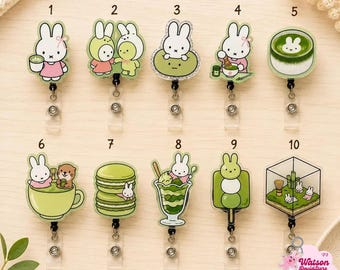 Matcha Bunny Badge Reel, Green Aesthetic Hobbies ID Clip, Kawaii Bunny Teacher ID Clip, Nurse Retractable ID Clip, Office Work Accessories