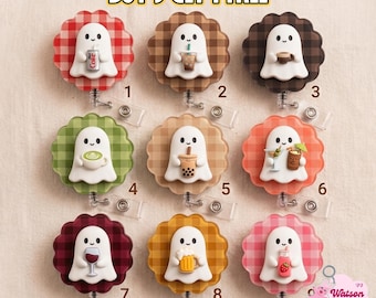Cute Ghost Drink Badge Reel, Halloween Ghost Coffee Retractable ID Clip, Coffee Soda Matcha 2-Layer Badge Reel, Spooky Nurse Teacher ID Clip