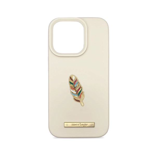 Feather iPhone Case Cream - Gold Feather Enamel Pin - Feather Charm Jewelry - Glitter Phone Case - Boho Hippie Jewelry - Ibiza Souvenir