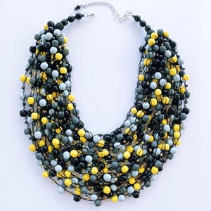 Gray-yellow wooden bead necklace, layering necklace beaded, wooden boho necklace, chunky necklace