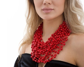 Red multi strand necklace handmade layering necklace, wooden bead necklace, bib necklace beaded, beaded multistrand necklace