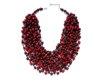 Dark red shiny wooden bead necklace, beaded multistrand necklace handmade beaded necklace, bead wedding necklace, beaded bulky necklace