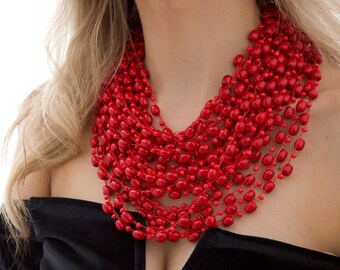 Red multi strand necklace handmade layering necklace, wooden bead necklace, bib necklace beaded, beaded multistrand necklace