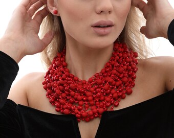 Beaded necklace earring bracelet set (3 items), red wooden beaded necklace, 3 pieces jewelry set, wooden bead jewelry trio