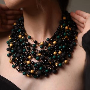 Evening black necklace of matte and glossy beads, layering necklace beaded, wooden boho necklace, chunky necklace black