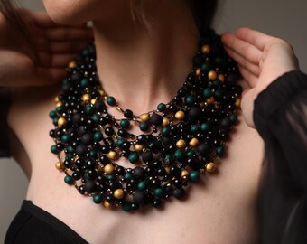 Evening black necklace of matte and glossy beads, layering necklace beaded, wooden boho necklace, chunky necklace black