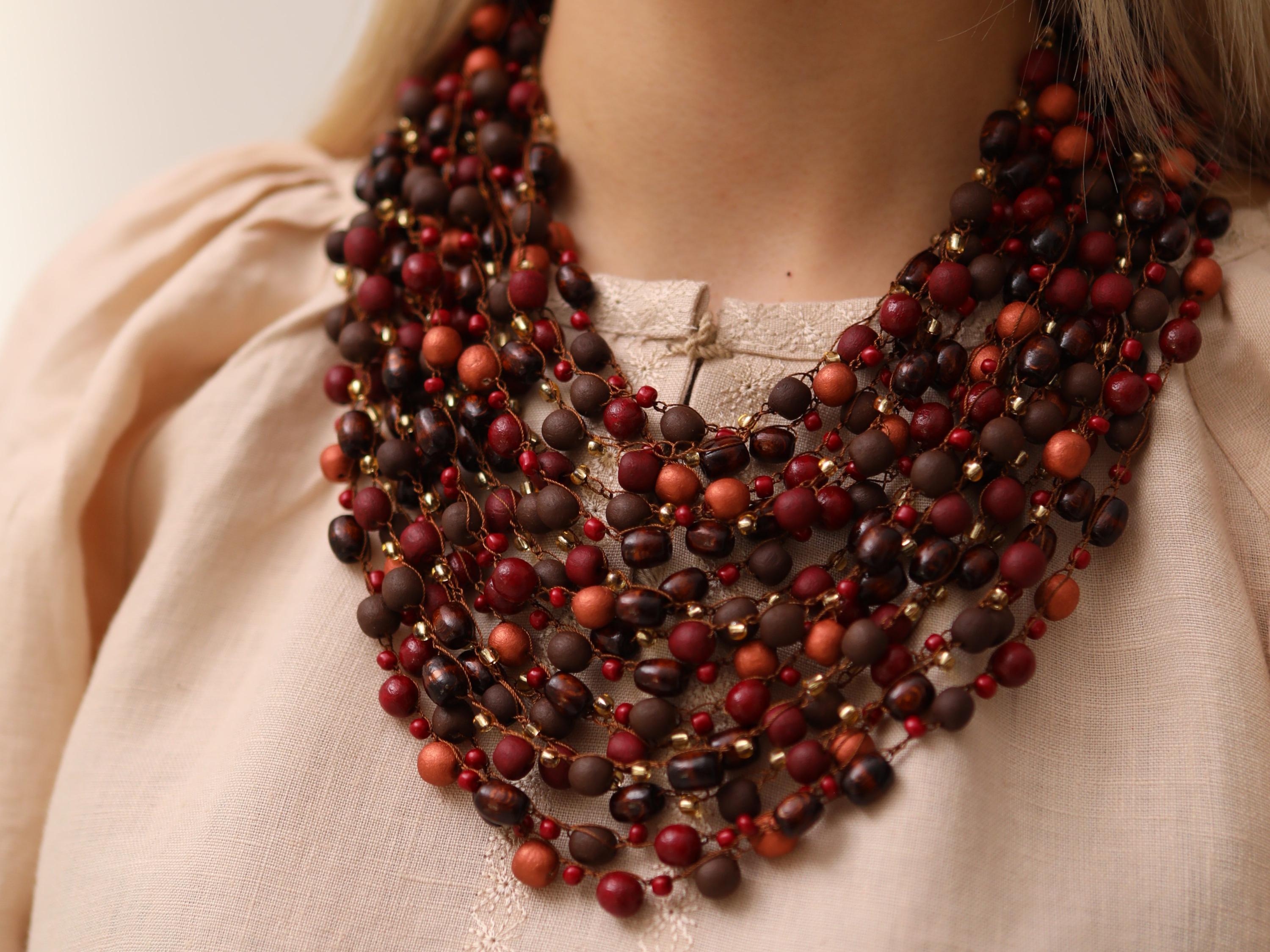 Brown wooden bead necklace, layering necklace beaded, wooden boho necklace, chunky brown necklace