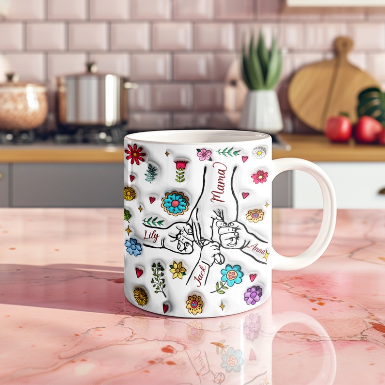 Custom Kids Holding Moms Hand 3D Inflated Mug Wrap, Mama 11oz Mug Template, Mom Floral 15oz Mug Png, Mothers Day Coffee Mugs Png zdjęcie 3