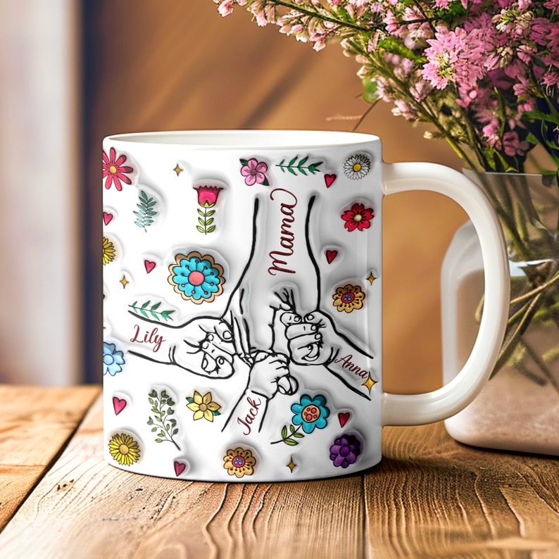 Custom Kids Holding Moms Hand 3D Inflated Mug Wrap, Mama 11oz Mug Template, Mom Floral 15oz Mug Png, Mothers Day Coffee Mugs Png zdjęcie 5