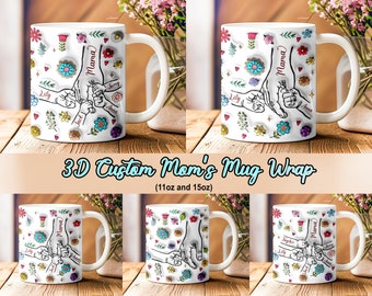 Custom Kids Holding Mom‘s Hand 3D Inflated Mug Wrap, Mama 11oz Mug Template, Mom Floral 15oz Mug Png, Mothers Day Coffee Mugs Png