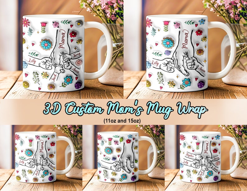 Custom Kids Holding Moms Hand 3D Inflated Mug Wrap, Mama 11oz Mug Template, Mom Floral 15oz Mug Png, Mothers Day Coffee Mugs Png zdjęcie 1