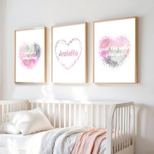 Set of 3 Love Heart Wall Prints for Girls, Pastel Pink and Sage Nursery Decor, Baby Girl Name in Heart, You Are Amazing Just The Way You Are
