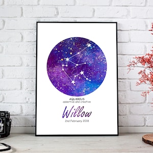 Stampa personalizzata con segni zodiacali e costellazioni, stampa da parete con oroscopo, regalo con stampa astrologica, stampa con nome e data di nascita, significato dello zodiaco.