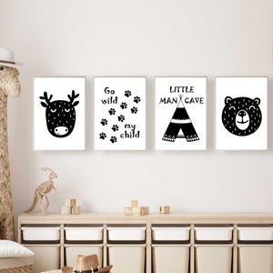 Schwarzweiße Drucke für Kinderzimmer, Waldtiere Wandbild, Adventure Time Poster, Kinderzimmer Wanddruck, Baby Jungen Zimmer Dekor