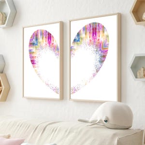 Set di 2 stampe colorate a forma di cuore, arte dell'amore per se stessi nella cameretta delle bambine, decorazione positiva per la cameretta dei bambini, cuore astratto diviso, arte murale romantica, cuore rosa