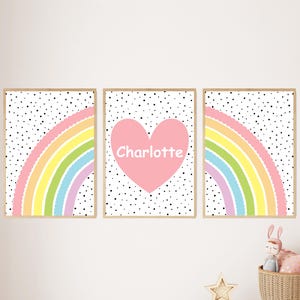Stampe personalizzate per la camera da letto delle bambine arcobaleno, set di 3 stampe pastello per la cameretta dei bambini, decorazioni arcobaleno per bambine, cameretta rosa, grafica con nome del bambino, stampe per bambini