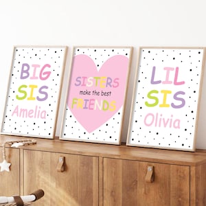 Stampe da parete per camera da letto delle sorelle, set di 3 stampe di amicizia tra sorelle maggiori e minori, decorazioni per la camera da letto delle ragazze, arte murale per camera da letto condivisa