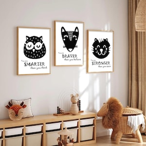 Set di 3 stampe di animali in bianco e nero per la cameretta dei bambini, poster di animali della foresta, stampe da parete con affermazioni positive per la cameretta dei bambini, decorazioni neutre per la cameretta dei bambini
