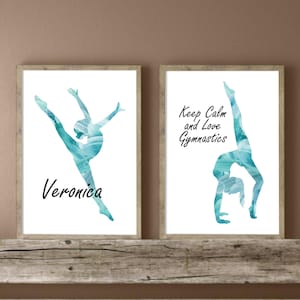 Arte murale di ginnastica con affermazione positiva, set di 2 stampe di ginnastica personalizzate, decorazione per camera da letto per ragazze blu, regalo di compleanno per ragazza ginnasta
