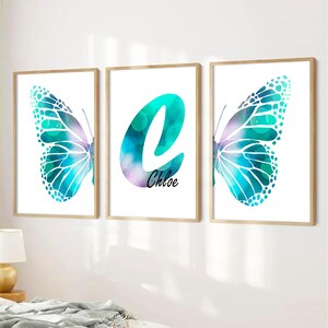 Set di 3 stampe di farfalle turchesi, decorazioni personalizzate con farfalle, stampe per la camera da letto delle bambine color verde acqua, decorazioni murali per la cameretta dei bambini con farfalle, cameretta dei bambini turchese