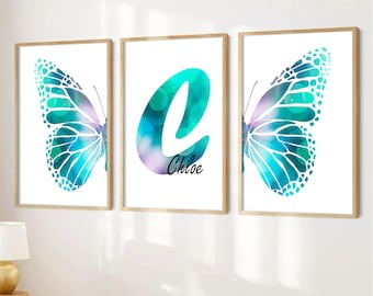Estampas de borboletas turquesa para quarto de bebê: decoração personalizada para quarto de menina (conjunto de 3)
