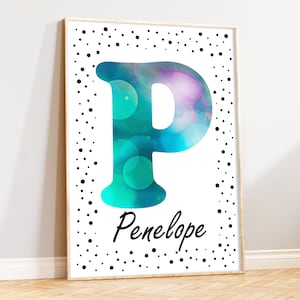 Impresión de inicial y nombre, decoración de dormitorio infantil en verde azulado, impresión de letras de lunares, póster infantil moderno, impresión de pared individual personalizada con nombre y letra.
