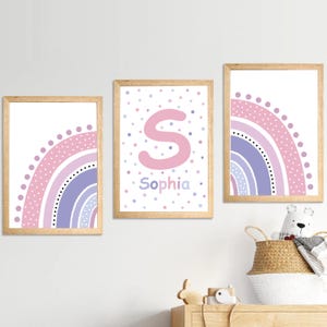Juego de 3 cuadros de arcoíris personalizados, impresiones de arcoíris en lavanda, decoración de guardería en tonos lila, arcoíris para habitación de bebé, impresiones para dormitorio de niña pequeña