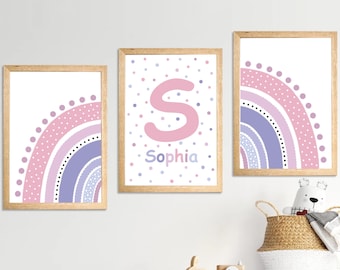 Personalised Purple Rainbow Print Set: Lilac Nursery Wall Art