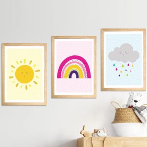 Juego de 3 impresiones de sol, decoración de arcoíris para guardería, póster de nube de sol y arcoíris, arte de pared para guardería infantil, decoración de dormitorio de niñas, impresión de arcoíris
