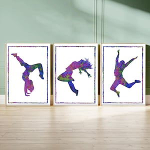 Set di 3 stampe da parete con motivi di danza per la cameretta delle ragazze, regalo per ballerine di breakdance, stampe astratte di ballerine freestyle, decorazioni per la camera da letto di ragazze adolescenti.