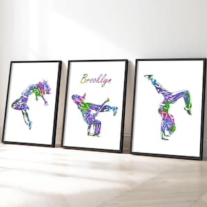 Set di 3 stampe da parete personalizzate con ragazze che ballano, danza moderna astratta, breakdance, stampe per la camera da letto di ragazze adolescenti, decorazioni per danza hip hop