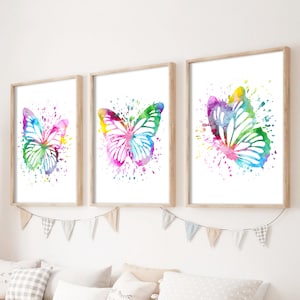 Set di 3 stampe da parete con farfalle, set di stampe per camera da letto per bambine, farfalle ad acquerello, set di poster per la cameretta dei bambini, decorazione da parete per divano a farfalla