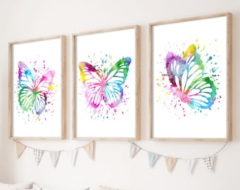 Conjunto de estampas de borboletas em aquarela: arte de parede colorida para berçário