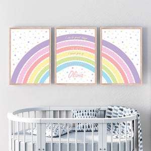 Arte murale personalizzata con arcobaleno pastello per la cameretta dei bambini, set di 3 stampe di affermazioni per bambini, decorazione murale per la cameretta delle bambine, stampe positive per la cameretta delle bambine