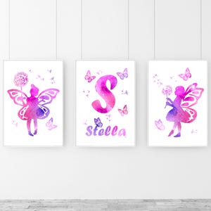 Set of 3 Fairy Nursery Art Prints, Personalised Pink Girls Bedroom Decor, Baby Girl Name Print, Girls Fairy Print, Pink Nursery Fairy Decor