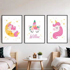 Set di 3 stampe da parete con unicorni, poster personalizzati con unicorni per la cameretta dei bambini, decorazioni rosa per la cameretta delle bambine, unicorno magico, stampa con nome per bambini, senza cornice