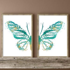 Set di 2 stampe da parete con farfalle color verde acqua e oro, stampe per la camera delle bambine, decorazioni per la stanza delle bambine color verde acqua, stampe artistiche da parete per ragazze adolescenti, ali di farfalla