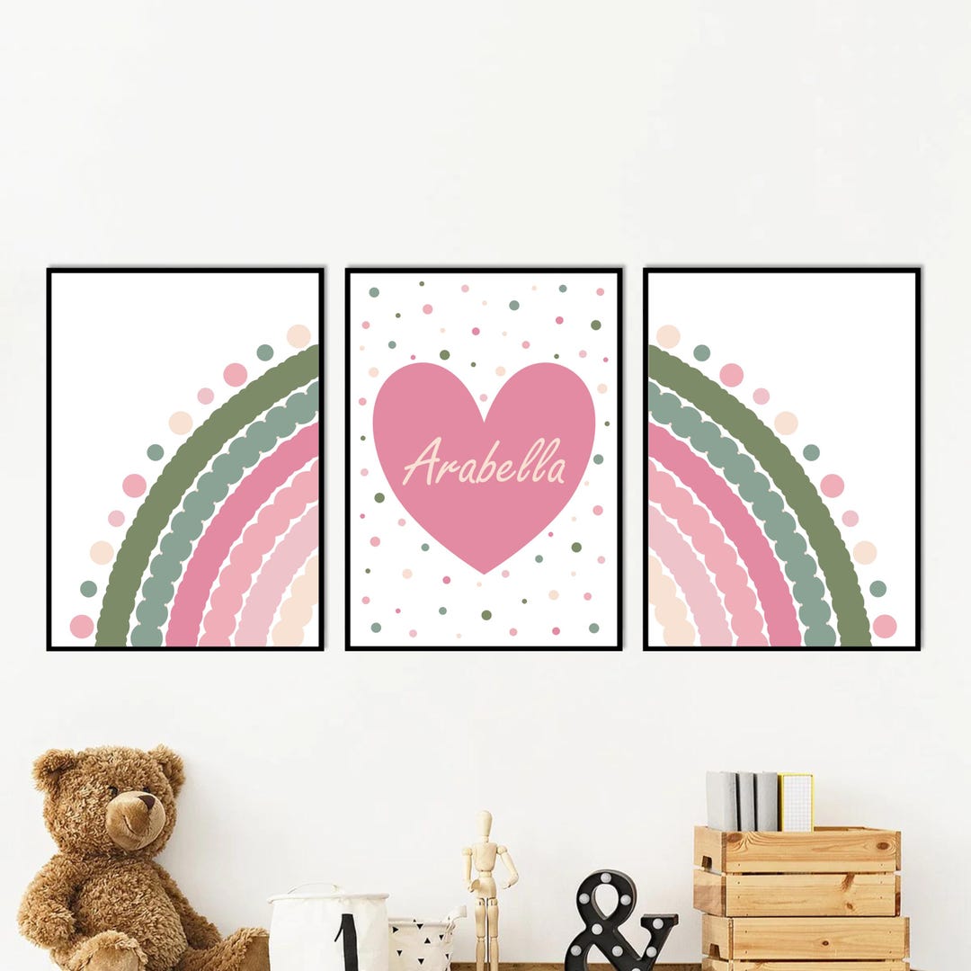 Personalized Rainbow Nursery Prints: Set of 3 Pink & Green Wall Art - Etsy