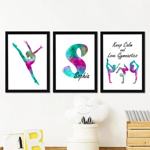 Arte murale di ginnastica rosa e verde acqua, set di 3 stampe di ginnastica personalizzate, Keep Calm and Love Gymnastics, regali di ginnastica, arte per la cameretta delle bambine