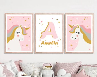 Stampe personalizzate con unicorno per la cameretta: set di 3, decorazioni rosa per la cameretta dei bambini.