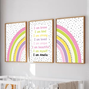 Set di 3 stampe arcobaleno per la cameretta delle bambine, stampe di affermazioni personalizzate per la cameretta delle bambine, decorazioni per la cameretta delle bambine, affermazione "Io sono", stampe da parete arcobaleno