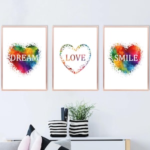 Poster a forma di cuore colorato, set di 3 stampe con sogni, amore e sorrisi, stampe positive per ragazze, stampe a forma di cuore, decorazioni per la camera da letto delle ragazze, stampe da parete con affermazioni