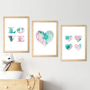 Set di 3 stampe da parete a forma di cuore con motivi a salvia e rosa, decorazioni per la cameretta dei bambini in stile acquerello, stampe rosa pastello per la camera delle bambine, set di poster per la camera delle adolescenti