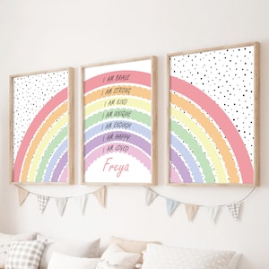 Arte murale arcobaleno con affermazione positiva, set di 3 stampe motivazionali arcobaleno, stampe per la camera delle bambine, cameretta per bambine, stampa con citazione per bambini