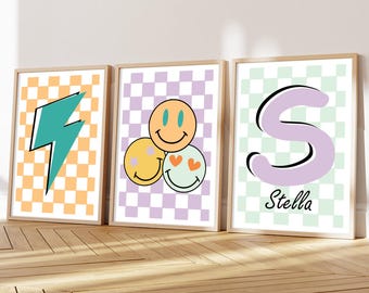 Personalised Retro Kids Room Prints, Smiley Face Wall Art (Set of 3)